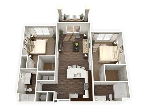 Floor plan for 2 beds, 2 baths, 1069 sqft